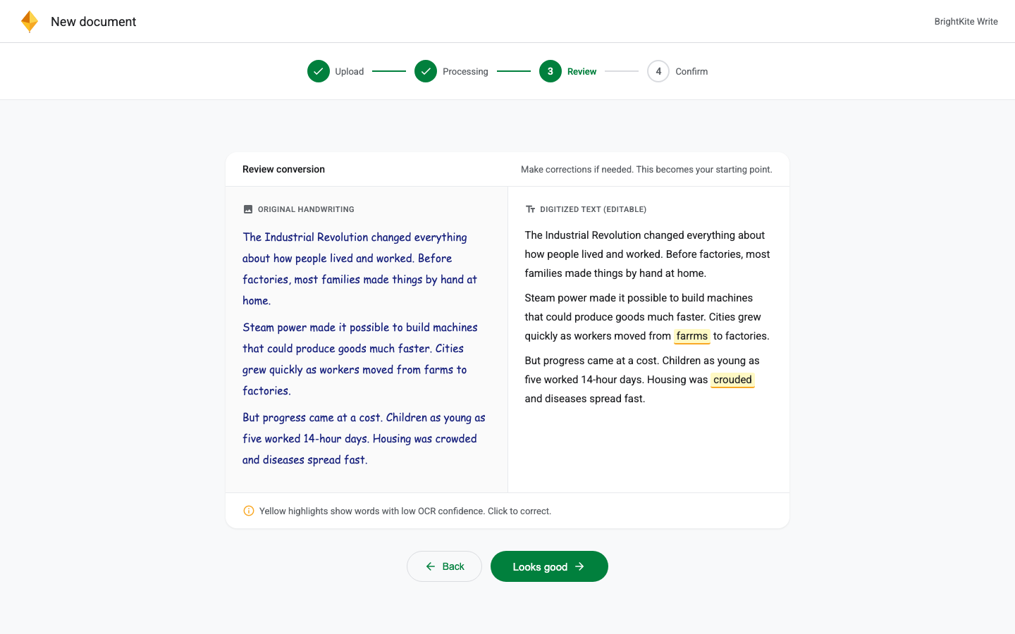 BrightKite Write - OCR review showing handwriting on the left and digitized text on the right